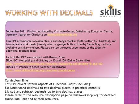 Working with Decimals Curriculum links