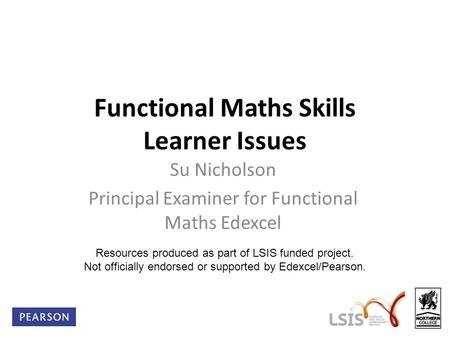 Functional Maths Skills Learner Issues Su Nicholson Principal Examiner for Functional Maths Edexcel Resources produced as part of LSIS funded project.