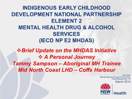 Gay Foster Mental Health and Drug & Alcohol Office Project Manager MH-CYP March 2014 INDIGENOUS EARLY CHILDHOOD DEVELOPMENT NATIONAL PARTNERSHIP ELEMENT.