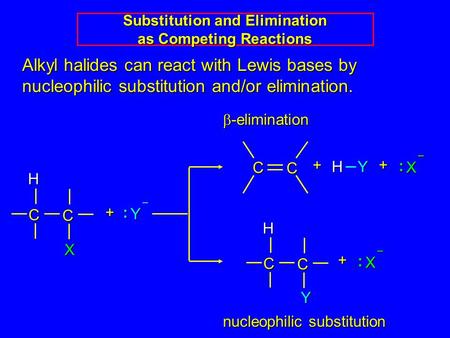 Alkyl halides can react with Lewis bases by nucleophilic substitution and/or elimination. C CHX + Y : – C C Y H X : – + C C + H Y X : – +  -elimination.