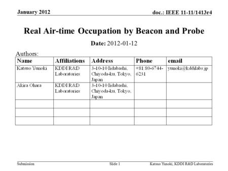 Submission doc.: IEEE 11-11/1413r4 January 2012 Katsuo Yunoki, KDDI R&D LaboratoriesSlide 1 Real Air-time Occupation by Beacon and Probe Date: 2012-01-12.