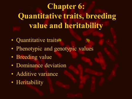 Chapter 6: Quantitative traits, breeding value and heritability Quantitative traits Phenotypic and genotypic values Breeding value Dominance deviation.