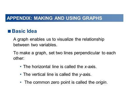  Basic Idea A graph enables us to visualize the relationship between two variables. To make a graph, set two lines perpendicular to each other: The horizontal.