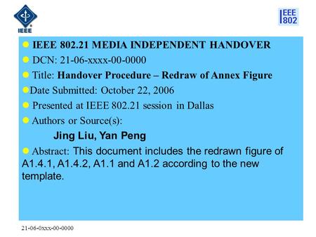 21-06-0xxx-00-0000 IEEE 802.21 MEDIA INDEPENDENT HANDOVER DCN: 21-06-xxxx-00-0000 Title: Handover Procedure – Redraw of Annex Figure Date Submitted: October.