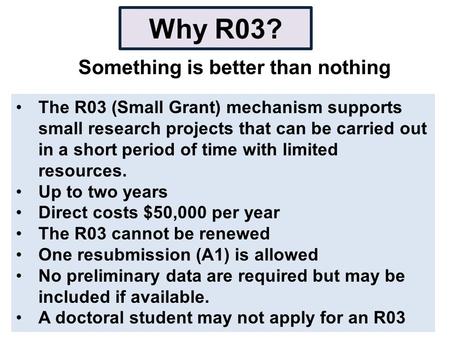 Why R03? Something is better than nothing The R03 (Small Grant) mechanism supports small research projects that can be carried out in a short period of.