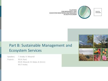 Part B: Sustainable Management and Ecosystem Services Speakers:T. Knoke, R. Mosandl Projects:B2 (K. Roos) B3 (R. Mosandl, M. Weber, B. Stimm) B5 (T. Knoke)