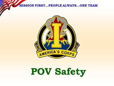 POV Safety MISSION FIRST…PEOPLE ALWAYS…ONE TEAM. AGENDA POV / Motorcycle Safety Quiz POV Accident Statistics Standards Six Point POV Safety Program Washington.