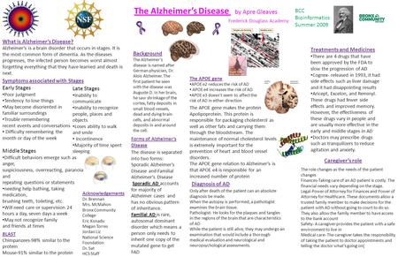 The Alzheimer’s Disease by Apre Gleaves Frederick Douglass Academy What is Alzheimer’s Disease? Alzheimer’s is a brain disorder that occurs in stages.