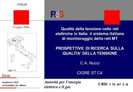3 luglio 2006 Dove Auditorium CESI via Rubattino 54 - Milano Qualità della tensione nelle reti elettriche in Italia: il sistema italiano di monitoraggio.