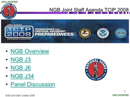 UNCLASSIFIED NGB Joint Staff, October 2008 1 NGB Joint Staff Agenda TCIP 2008 NGB Overview NGB J3 NGB J6 NGB J34 Panel Discussion.