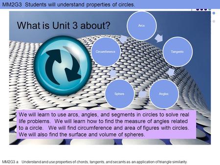 Arcs Tangents Angles Sphere Circumference What is Unit 3 about?