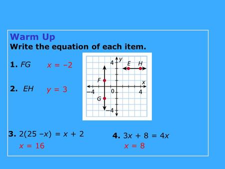 Warm Up Write the equation of each item. 1. FG x = –2 2. EH y = 3