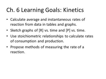 Ch. 6 Learning Goals: Kinetics Calculate average and instantaneous rates of reaction from data in tables and graphs. Sketch graphs of [R] vs. time and.