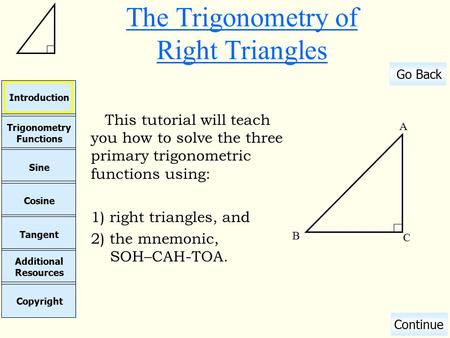 Cosine Sine Copyright Additional Resources Tangent Trigonometry Functions Introduction Go Back Continue The Trigonometry of Right Triangles This tutorial.