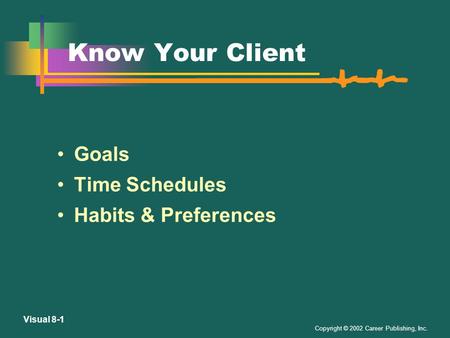 Copyright © 2002 Career Publishing, Inc. Visual 8-1 Know Your Client Goals Time Schedules Habits & Preferences.