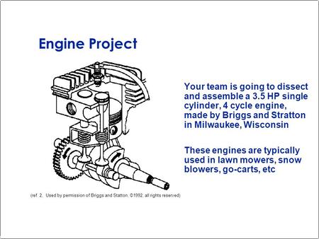 Engine Project Your team is going to dissect and assemble a 3.5 HP single cylinder, 4 cycle engine, made by Briggs and Stratton in Milwaukee, Wisconsin.