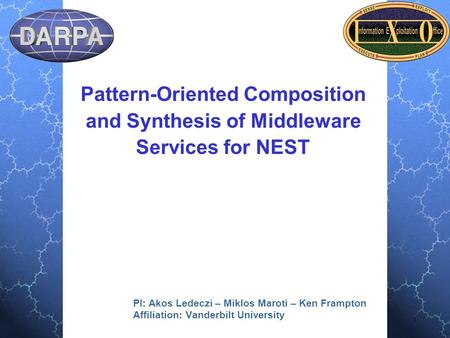 1 Pattern-Oriented Composition and Synthesis of Middleware Services for NEST PI: Akos Ledeczi – Miklos Maroti – Ken Frampton Affiliation: Vanderbilt University.