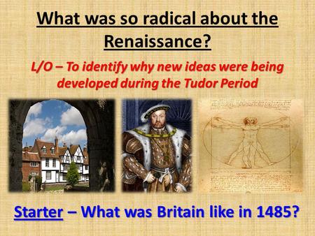 What was so radical about the Renaissance? L/O – To identify why new ideas were being developed during the Tudor Period Starter – What was Britain like.