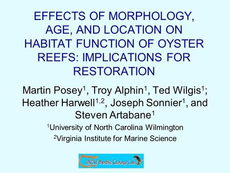 EFFECTS OF MORPHOLOGY, AGE, AND LOCATION ON HABITAT FUNCTION OF OYSTER REEFS: IMPLICATIONS FOR RESTORATION Martin Posey 1, Troy Alphin 1, Ted Wilgis 1.
