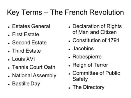 Key Terms – The French Revolution Estates General First Estate Second Estate Third Estate Louis XVI Tennis Court Oath National Assembly Bastille Day Declaration.
