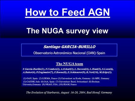 How to Feed AGN The NUGA survey view Santiago GARCIA-BURILLO Observatorio Astronómico Nacional (OAN)-Spain The NUGA team S García-Burillo(1), F.Combes(2),