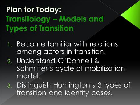 1. Become familiar with relations among actors in transition. 2. Understand O’Donnell & Schmitter’s cycle of mobilization model. 3. Distinguish Huntington’s.