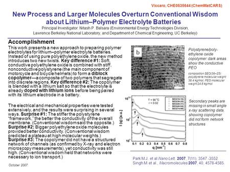October 2007 New Process and Larger Molecules Overturn Conventional Wisdom about Lithium–Polymer Electrolyte Batteries Principal Investigator: Nitash P.