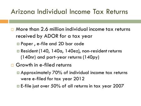 Arizona Individual Income Tax Returns  More than 2.6 million individual income tax returns received by ADOR for a tax year  Paper, e-file and 2D bar.