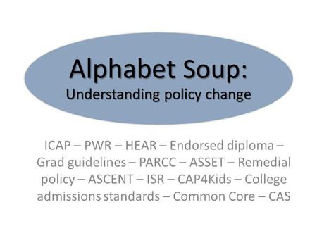 Alphabet Soup: Understanding policy change ICAP – PWR – HEAR – Endorsed diploma – Grad guidelines – PARCC – ASSET – Remedial policy – ASCENT – ISR – CAP4Kids.