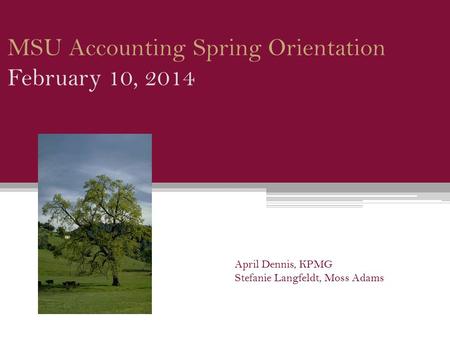 MSU Accounting Spring Orientation February 10, 2014 April Dennis, KPMG Stefanie Langfeldt, Moss Adams.
