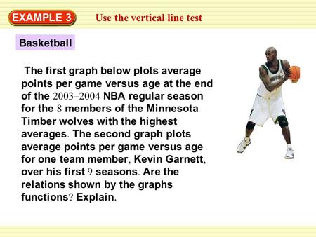 EXAMPLE 3 Use the vertical line test Basketball The first graph below plots average points per game versus age at the end of the 2003–2004 NBA regular.