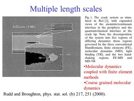 Multiple length scales Rudd and Broughton, phys. stat. sol. (b) 217, 251 (2000). Molecular dynamics coupled with finite element methods Course grained.