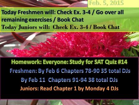 Feb. 5, 2015 Today Freshmen will: Check Ex. 3-4 / Go over all remaining exercises / Book Chat Today Juniors will: Check Ex. 3-4 / Book Chat Homework: