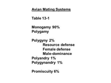 Avian Mating Systems Table 13-1 Monogamy 90% Polygamy Polygyny 2%