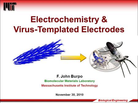Biological Engineering Electrochemistry & Virus-Templated Electrodes F. John Burpo Biomolecular Materials Laboratory Massachusetts Institute of Technology.