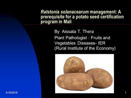 Ralstonia solanacearum management: A prerequisite for a potato seed certification program in Mali By Aissata T. Thera Plant Pathologist : Fruits and Vegetables.