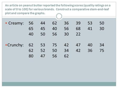 An article on peanut butter reported the following scores (quality ratings on a scale of 0 to 100) for various brands. Construct a comparative stem-and-leaf.