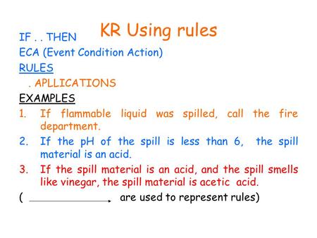 KR Using rules IF.. THEN ECA (Event Condition Action) RULES. APLLICATIONS EXAMPLES 1.If flammable liquid was spilled, call the fire department. 2.If the.