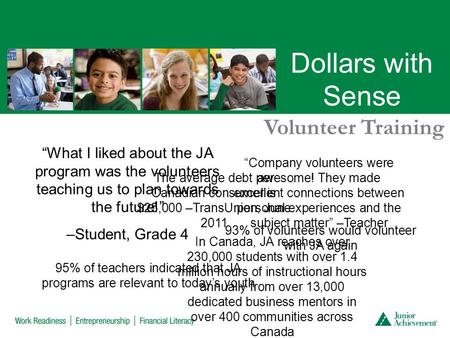 Dollars with Sense Volunteer Training “What I liked about the JA program was the volunteers teaching us to plan towards the future!” –Student, Grade 4.