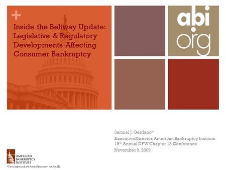 + Samuel J. Gerdano* Executive Director, American Bankruptcy Institute 19 th Annual DFW Chapter 13 Conference November 9, 2009 Inside the Beltway Update: