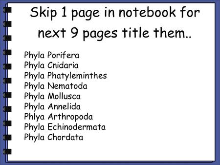 Skip 1 page in notebook for next 9 pages title them..