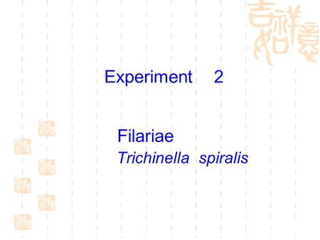 Filariae Trichinella spiralis Experiment 2 To study the morphology of microfilariae and laboratory diagnostic methods. To learn the morphology of T.