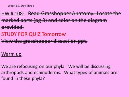 STUDY FOR QUIZ Tomorrow View the grasshopper dissection ppt.
