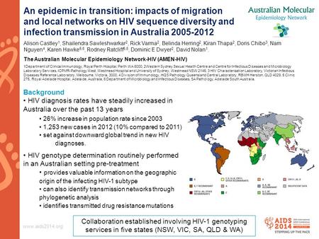 Www.aids2014.org An epidemic in transition: impacts of migration and local networks on HIV sequence diversity and infection transmission in Australia 2005-2012.