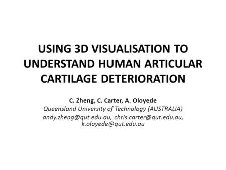 USING 3D VISUALISATION TO UNDERSTAND HUMAN ARTICULAR CARTILAGE DETERIORATION C. Zheng, C. Carter, A. Oloyede Queensland University of Technology (AUSTRALIA)