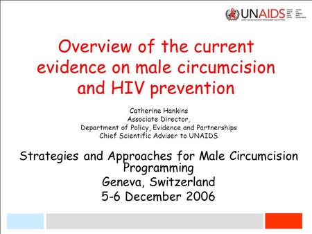 Overview of the current evidence on male circumcision and HIV prevention Catherine Hankins Associate Director, Department of Policy, Evidence and Partnerships.