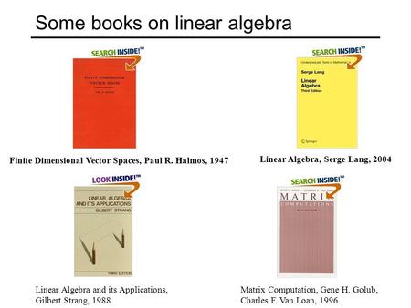Some books on linear algebra Linear Algebra, Serge Lang, 2004 Finite Dimensional Vector Spaces, Paul R. Halmos, 1947 Matrix Computation, Gene H. Golub,