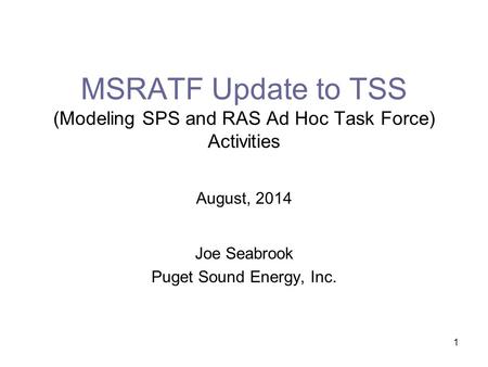 1 MSRATF Update to TSS (Modeling SPS and RAS Ad Hoc Task Force) Activities August, 2014 Joe Seabrook Puget Sound Energy, Inc.