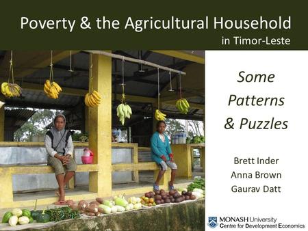 Some Patterns & Puzzles Brett Inder Anna Brown Gaurav Datt in Timor-Leste Poverty & the Agricultural Household.