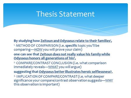 By studying how Zeitoun and Odysseus relate to their families 1, 1. METHOD OF COMPARISON (i.e. specific topic you’ll be comparing—HOW you will prove your.